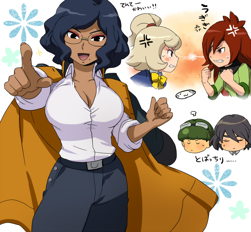 2boys, 3girls, anger_vein, angry, belt, black_eyes, black_hair, blonde_hair, breasts, catherine_ruth, cleavage, collared_shirt, danball_senki, danball_senki_wars, eye_contact, eyeshadow, jacket, jacket_on_shoulders, large_breasts, lightning_glare, long_hair, looking_at_another, looking_at_viewer, makeup, melissa_portman, mizuhara_aki, mole, mole_under_mouth, multiple_boys, multiple_girls, official_style, okita_hinako, pants, pink_eyeshadow, pointing, ponytail, red_hair, shirt, white_shirt