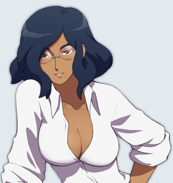 1girl, black_eyes, black_hair, breasts, cleavage, collared_shirt, danball_senki, danball_senki_wars