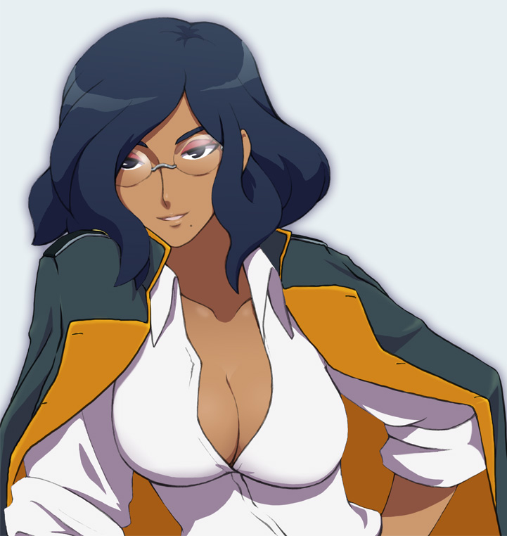 1girl, black_eyes, black_hair, breasts, cleavage, collared_shirt, danball_senki, danball_senki_wars