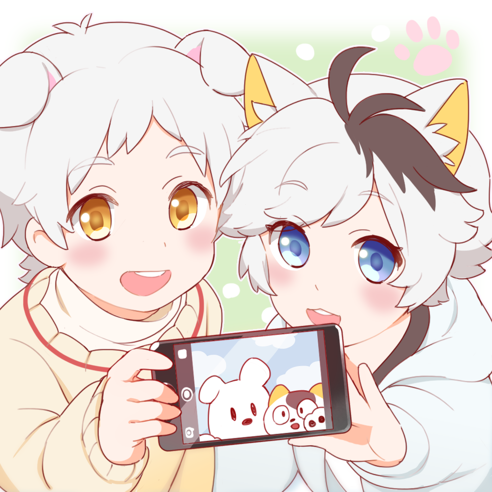 2boys, animal_ears, black_hair, blue_eyes, blush, cat_boy, cat_ears, cellphone, child, dog_boy, dog_ears, fake_phone_screenshot, fake_screenshot, holding, holding_phone, hood, hoodie, male_focus, multicolored_hair, multiple_boys, obi_chang, okamoto_tama, open_mouth, paw_print, phone, reaching, reaching_towards_viewer, selfie, smartphone, smile, sweater, taking_picture, two-tone_hair, uchi_no_tama_shirimasen_ka?, white_hair, yamada_pochi, yellow_eyes