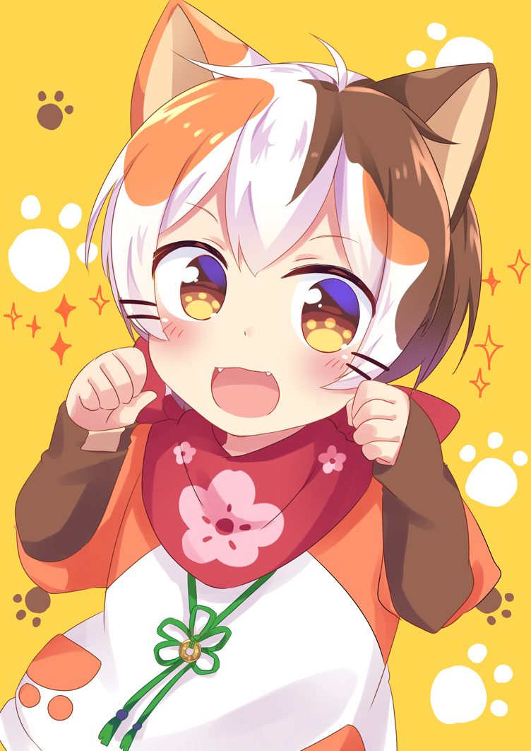 1boy, :3, animal_ears, bandana, blush, brown_eyes, brown_hair, calico_(pattern)