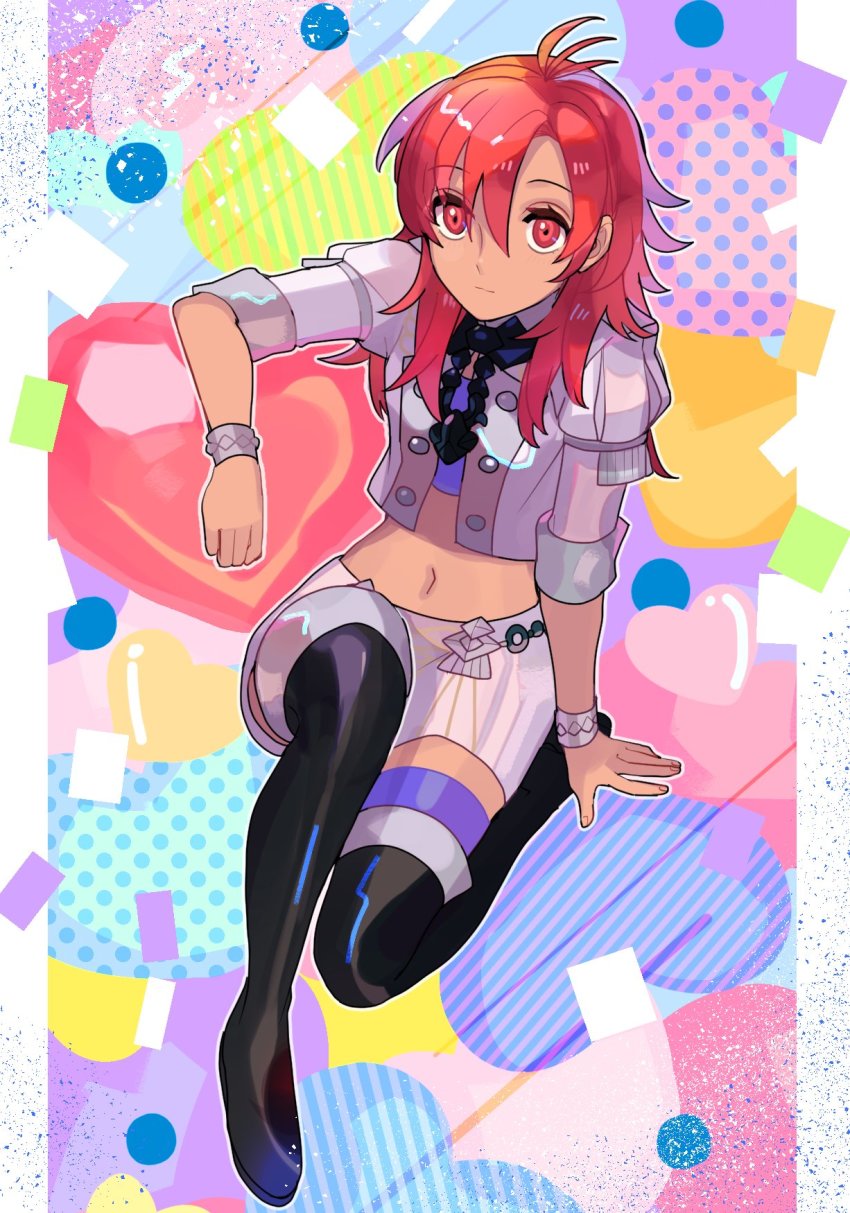 1girl, bad_id, bad_twitter_id, black_boots, boots, closed_mouth, dark-skinned_female, dark_skin, fire_emblem, fire_emblem:_three_houses, full_body, garreg_mach_monastery_uniform, hapi_(fire_emblem), highres, kurimori, midriff, nintendo, red_eyes, red_hair, solo, thighhighs, thighhighs_under_boots