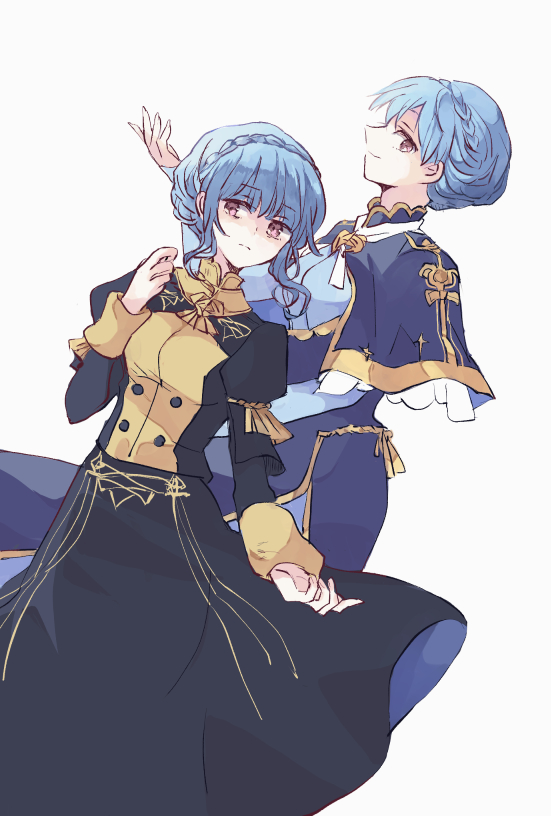 1girl, blue_hair, braid, brown_eyes, closed_mouth, crown_braid, dress, fire_emblem, fire_emblem:_three_houses, from_side, garreg_mach_monastery_uniform, kitano_373, long_sleeves, marianne_von_edmund, multiple_views, nintendo, simple_background, white_background