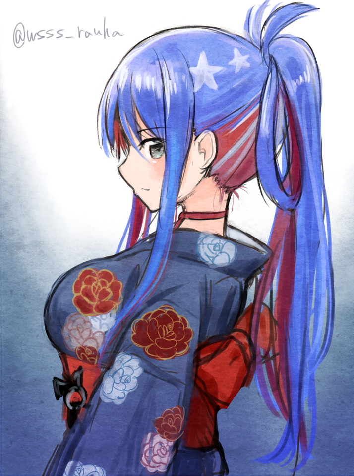 1girl, alternate_hairstyle, black_kimono, blue_background, blue_hair, breasts, commentary_request, floral_print