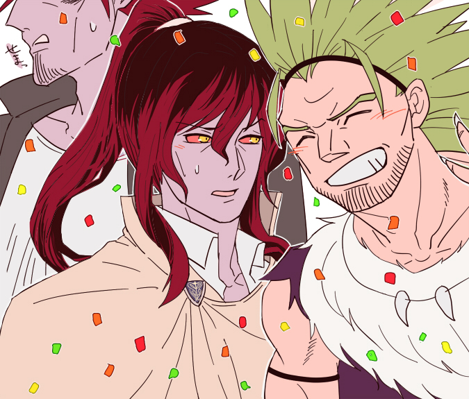 3boys, blush, brothers, colored_skin, facial_hair, fur_trim, gannen_harst, glalda