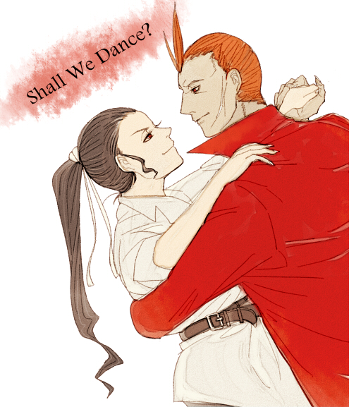 1boy, 1girl, arra_sails, belt, belt_buckle, brown_hair, buckle, coat, commentary_request, couple, holding_hands, larten_crepsley, long_coat, looking_at_another, orange_hair, ponytail, red_coat, red_eyes, scar, scar_on_face, short_hair, smile, the_saga_of_darren_shan