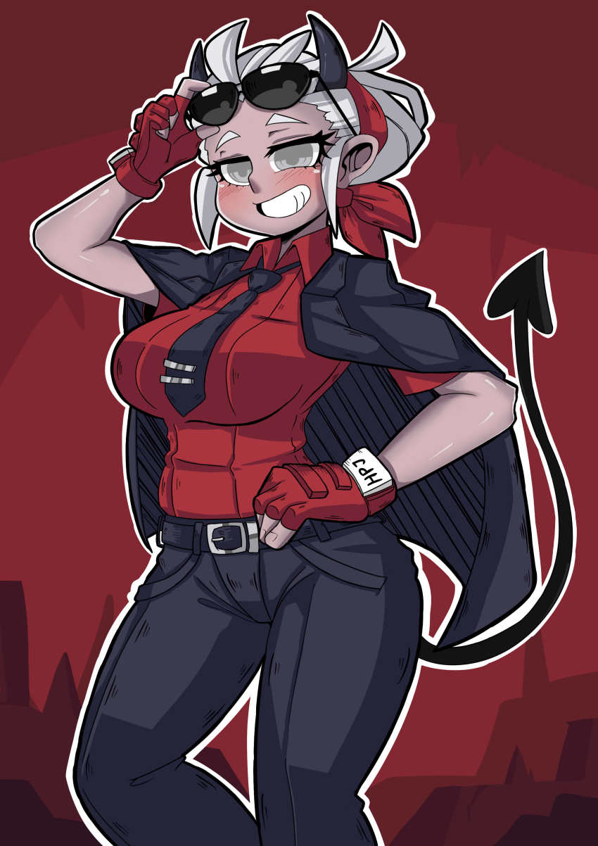 1girl, absurdres, belt, black_horns, black_necktie, black_pants, blind, breasts