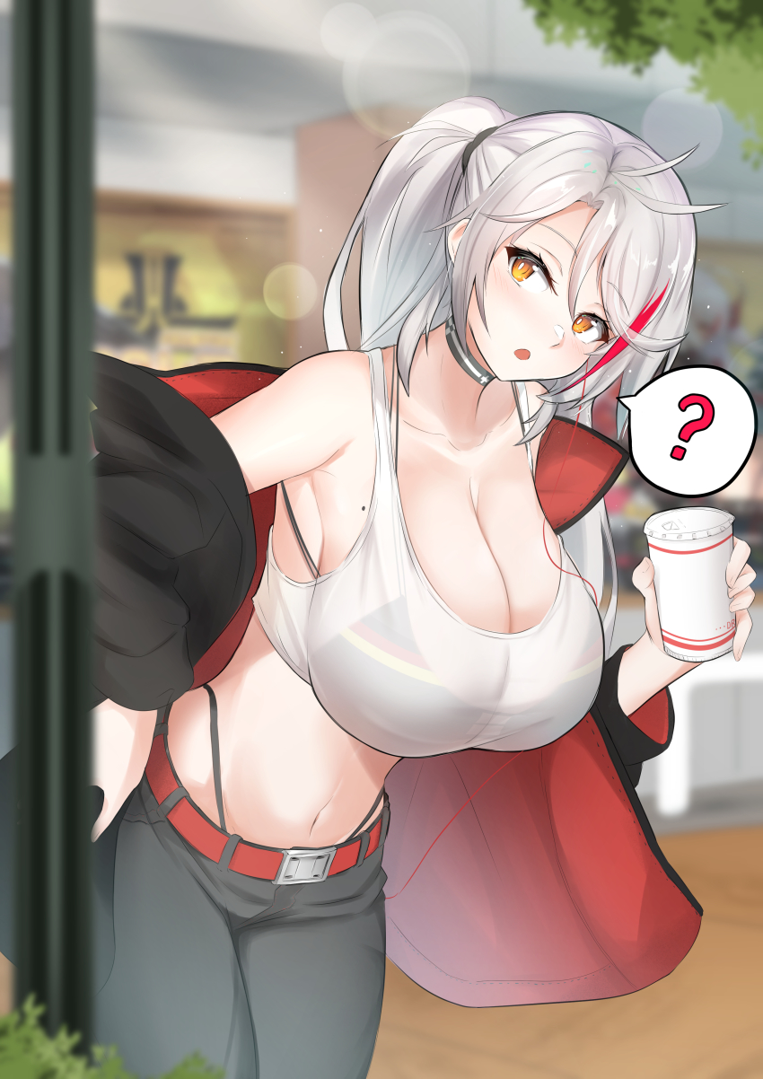 1girl, absurdres, alternate_costume, antenna_hair, azur_lane, bare_shoulders, belt, bikini, bikini_top_only, bikini_under_clothes, black_jacket, blurry, blurry_background, breasts, casual, choker, cleavage, crop_top, cup, disposable_cup, grey_pants, hair_between_eyes, hand_on_own_hip, highleg, highleg_bikini, highres, holding, holding_cup, huge_breasts, j_yak47, jacket, leaning_forward, long_hair, looking_to_the_side, midriff, mole, mole_on_breast, multicolored_hair, navel, off_shoulder, outdoors, pants, ponytail, prinz_eugen_(azur_lane), red_belt, see-through_clothes, silver_hair, speech_bubble, stomach, streaked_hair, swept_bangs, swimsuit, tank_top, white_tank_top, yellow_eyes