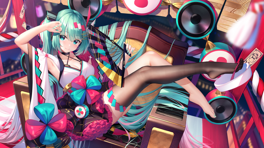 1girl, absurdly_long_hair, alternate_costume, aqua_eyes, aqua_hair, aqua_nails, arm_up, armpits, barefoot, blush, breasts, cleavage, commentary_request, feet, folding_fan, hair_ornament, hair_spread_out, hairclip, hand_fan, hatsune_miku, highres, holding, holding_fan, long_hair, looking_at_viewer, magical_mirai_miku, magical_mirai_miku_(2020_summer), medium_breasts, meion, nail_polish, pantyhose, single_thighhigh, smile, solo, thighhighs, thighs, toenail_polish, toenails, toes, very_long_hair, vocaloid