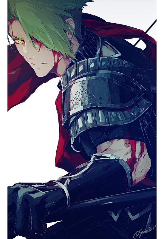 1boy, achilles_(fate), arm_armor, armor, blood, blood_on_face, blood_on_clothes, breastplate, closed_mouth, detached_sleeves, fate/apocrypha, fate/grand_order, fate_(series), fighting_stance, gradient_hair, green_hair, hair_over_one_eye, holding, holding_lance, holding_polearm, holding_weapon, lance, looking_at_viewer, male_focus, manly, multicolored_hair, one_eye_covered, polearm, red_sash, sash, sei_8220, shoulder_pads, signature, simple_background, solo, upper_body, weapon, white_background, yellow_eyes