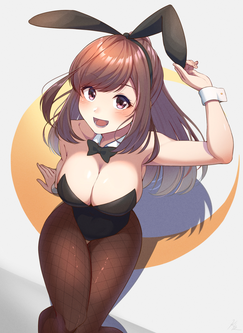 1girl, absurdres, animal_ears, black_bow, black_bowtie, black_leotard, black_pantyhose, bow, bowtie, breasts, brown_eyes, brown_hair, cleavage, commentary_request, cowboy_shot, crescent, detached_collar, fake_animal_ears, fishnet_pantyhose, fishnets, haibarasaika, highres, idolmaster, idolmaster_shiny_colors, large_breasts, leotard, looking_at_viewer, open_mouth, pantyhose, playboy_bunny, ponytail, rabbit_ears, rabbit_tail, sitting, smile, solo, strapless, strapless_leotard, tail, teeth, thigh_gap, thighs, tsukioka_kogane, wrist_cuffs