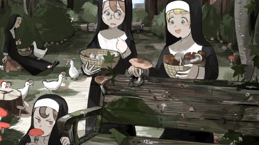 4girls, :d, ant, basket, beetle, bench, bird, biting, blonde_hair, blue_eyes, brown_eyes, brown_hair, bug, bush, chili_pepper, clumsy_nun_(diva), commentary, day, diva_(hyxpk), duck, english_commentary, fly_agaric, froggy_nun_(diva), glasses, glasses_nun_(diva), grass, habit, highres, hollow_log, impending_doom, insect, leaf, little_nuns_(diva), log, moss, moth, mouth_hold, multiple_girls, mushroom, nun, nun_headdress, on_tree_stump, open_mouth, original, outdoors, plant, poison_mushroom, poop, potted_plant, rotting, round_eyewear, silk, sitting, slice_of_life, smile, spicy_nun_(diva), spider_web, traditional_nun, tree, tree_stump, vines
