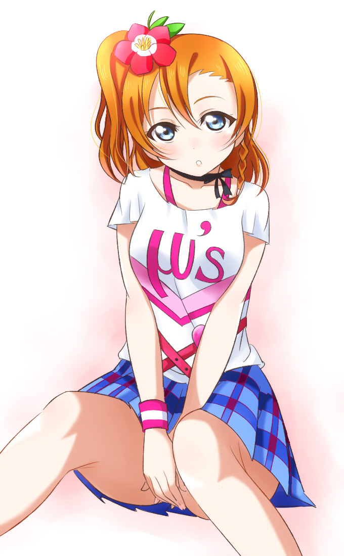 1girl, between_legs, black_ribbon, blue_eyes, blue_skirt, collarbone, flower, hair_between_eyes, hair_flower, hair_ornament, hand_between_legs, hands_on_own_crotch, happy_maker!, high_side_ponytail, kosaka_honoka, long_hair, love_live!, love_live!_school_idol_festival, love_live!_school_idol_project, miniskirt, neck_ribbon, orange_hair, plaid_clothes, plaid_skirt, pleated_skirt, print_shirt, red_flower, ribbon, shirt, side_ponytail, sitting, skirt, solo, t-shirt, wewe, white_background, white_shirt