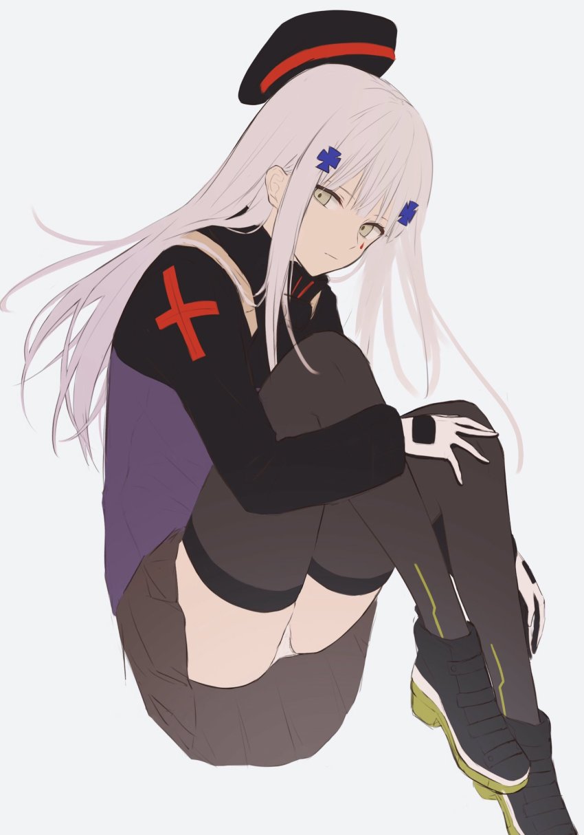 1girl, beret, black_thighhighs, commentary_request, cross, expressionless, facial_mark, full_body