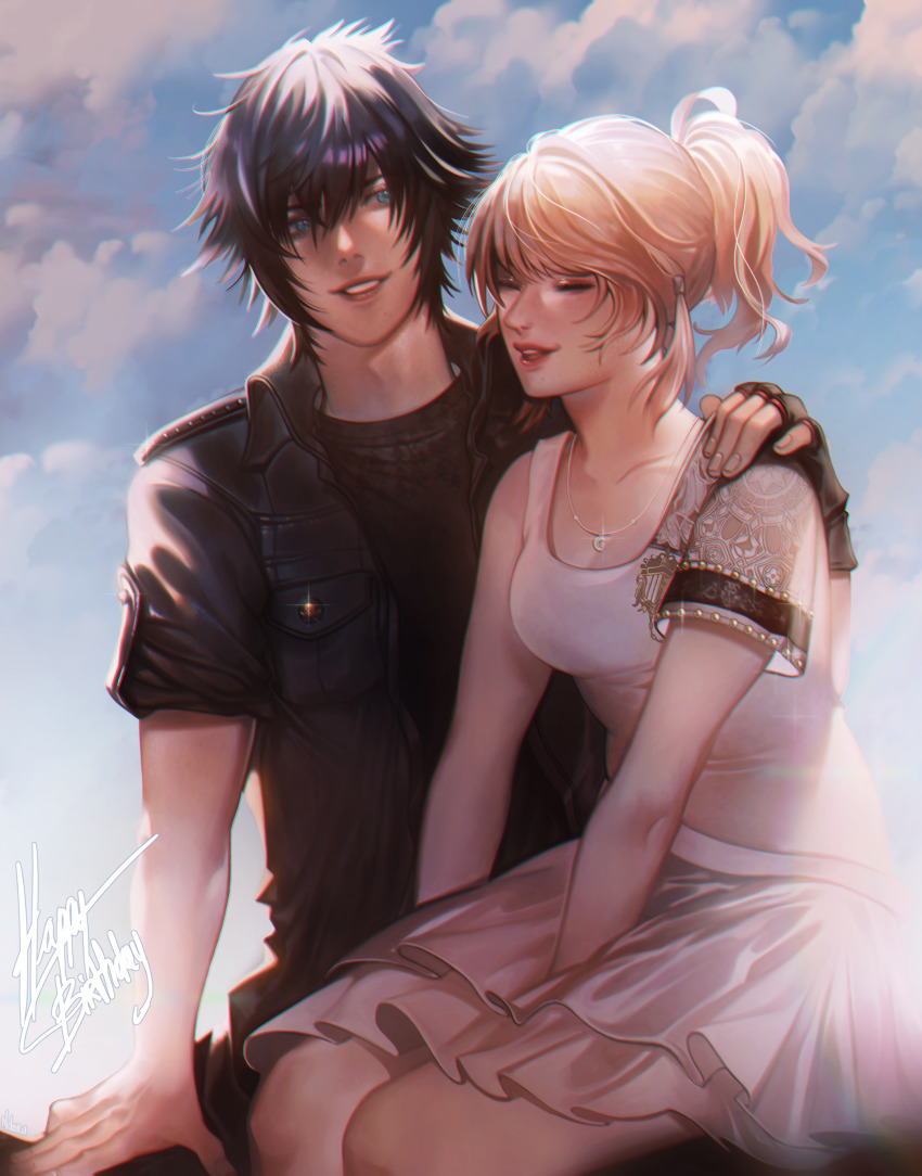 1boy, 1girl, absurdres, black_hair, black_jacket, blonde_hair, blue_eyes, dress, final_fantasy, final_fantasy_xv, hand_on_another's_shoulder, highres, jacket, looking_at_viewer, lunafreya_nox_fleuret, noboru_ru, noctis_lucis_caelum, parted_lips, ponytail, short_ponytail, sitting, smile, white_dress