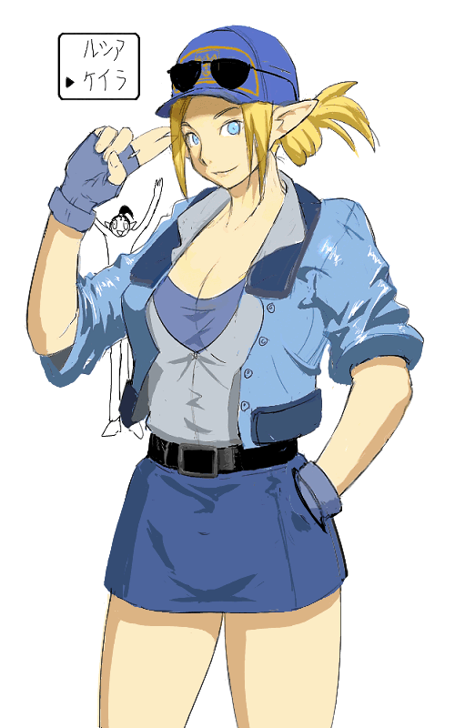 2girls, baseball_cap, blonde_hair, blue_eyes, blue_gloves, blue_skirt, breasts, capcom, cleavage, cosplay, dungeons_&amp;_dragons:_chronicles_of_mystara, elf, eyewear_on_headwear, final_fight, fingerless_gloves, gloves, hand_in_pocket, hat, kayla_(chronicles_of_mystara), long_pointy_ears, lucia_(chronicles_of_mystara), lucia_morgan, lucia_morgan_(cosplay), matekichi, miniskirt, multiple_girls, name_connection, pointy_ears, ponytail, simple_background, skirt, smile, street_fighter, sunglasses, white_background