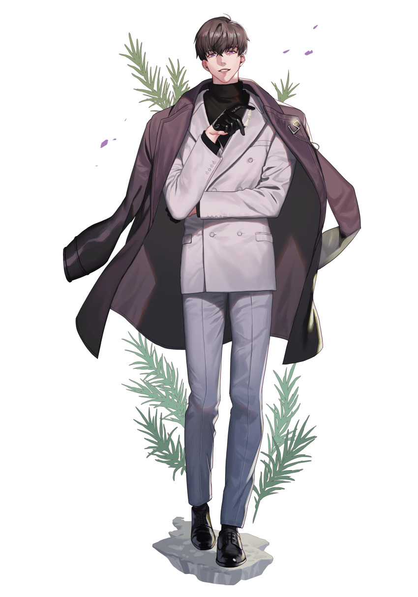 1boy, absurdres, ahoge, black_gloves, black_shoes, black_socks, bowl_cut, brown_coat, brown_hair, buttons, chess_piece, coat, coat_on_shoulders, commentary, double-breasted, eyelashes, floating, full_body, glint, gloves, grin, hair_between_eyes, half-closed_eyes, half_gloves, hand_up, highres, holding, holding_chess_piece, jacket, king_(chess), korean_commentary, leaf, long_sleeves, looking_at_viewer, love_and_producer, lucien_(love_and_producer), male_focus, open_clothes, open_coat, pants, purple_eyes, shoes, short_hair, simple_background, smile, sobi_(dnenqkswja), socks, solo, standing, teeth, turtleneck, white_background, white_jacket, white_pants