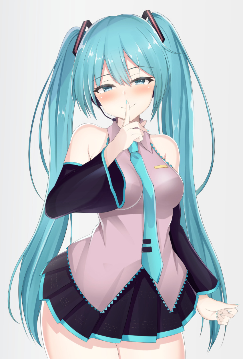 1girl, aqua_eyes, aqua_hair, aqua_nails, bare_shoulders, between_breasts, blush, breasts, detached_sleeves, finger_to_mouth, hair_between_eyes, hatsune_miku, highres, long_hair, looking_at_viewer, medium_breasts, microphone, nail_polish, necktie, shushing, simple_background, skirt, sleeveless, smile, solo, standing, twintails, very_long_hair, vocaloid, wap_(whiteandpink)