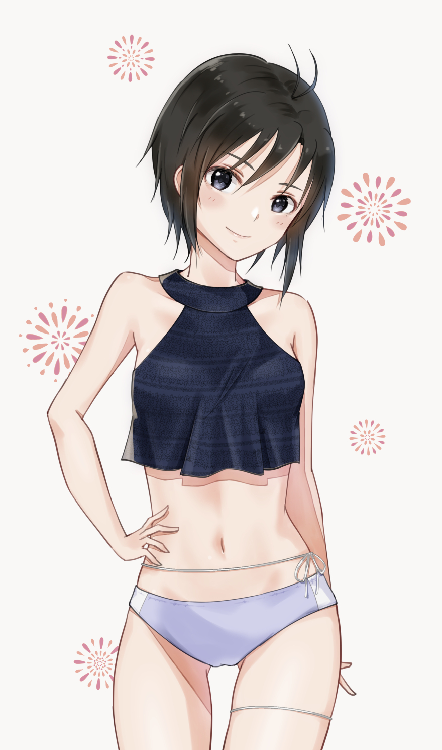 1girl, antenna_hair, arm_behind_back, bare_legs, bare_shoulders, bikini, black_bikini, black_eyes