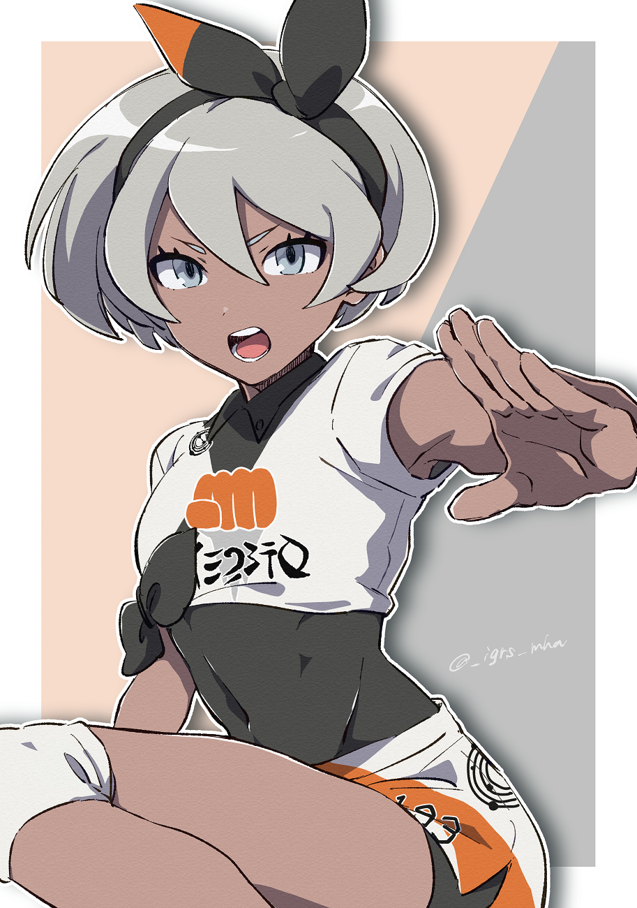 1girl, bea_(pokemon), black_bodysuit, black_hairband, bodysuit, bodysuit_under_clothes, bow_hairband, collared_shirt, commentary_request, covered_navel, dark-skinned_female, dark_skin, eyelashes, grey_eyes, grey_hair, gym_leader, hair_between_eyes, hairband, hand_up, highres, knee_pads, looking_at_viewer, minato_(rigu_hm), nintendo, open_mouth, pokemon, pokemon_sword_and_shield, print_shirt, print_shorts, shirt, short_hair, short_sleeves, shorts, solo, teeth, tied_shirt, tongue