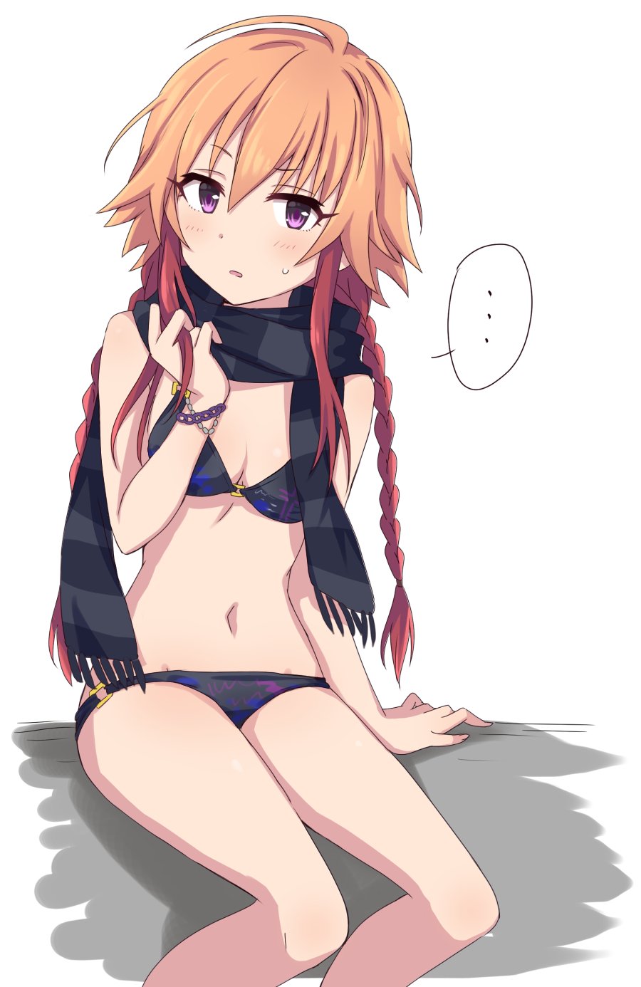 1girl, 2_nostg, ahoge, bikini, black_bikini, bracelet, braid, breasts, cleavage, hair_between_eyes, hair_extensions, highres, idolmaster, idolmaster_cinderella_girls, jewelry, looking_at_viewer, multicolored_hair, ninomiya_asuka, open_mouth, purple_eyes, scarf, simple_background, small_breasts, solo, speech_bubble, striped_clothes, striped_scarf, swimsuit, translation_request, white_background