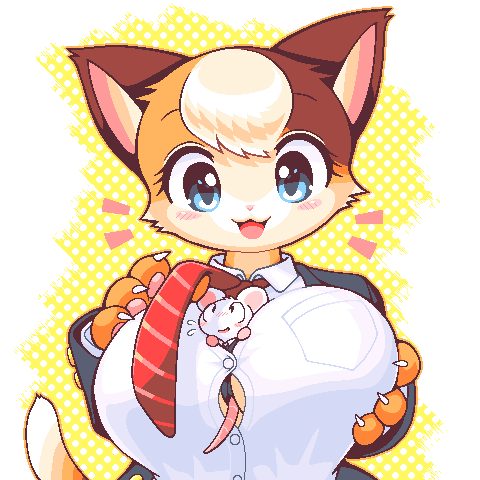 1boy, 1girl, :3, :d, animal_ears, beige_fur, between_breasts, blue_eyes, blush, blush_stickers, body_fur, breast_pocket, breasts, brown_fur, cat, cat_ears, cat_girl, cat_tail, claws, dotted_background, furry, furry_female, furry_male, furry_with_furry, grabbing_own_breast, large_breasts, light_brown_hair, looking_at_another, lowres, mini_person, miniboy, mouse_(animal), mouse_boy, mouse_ears, mouse_tail, necktie, open_mouth, orange_fur, original, pawpads, pocket, red_neckwear, shirt, simple_background, smile, tail, takiune, uniform, white_background, white_fur, white_shirt, yellow_background