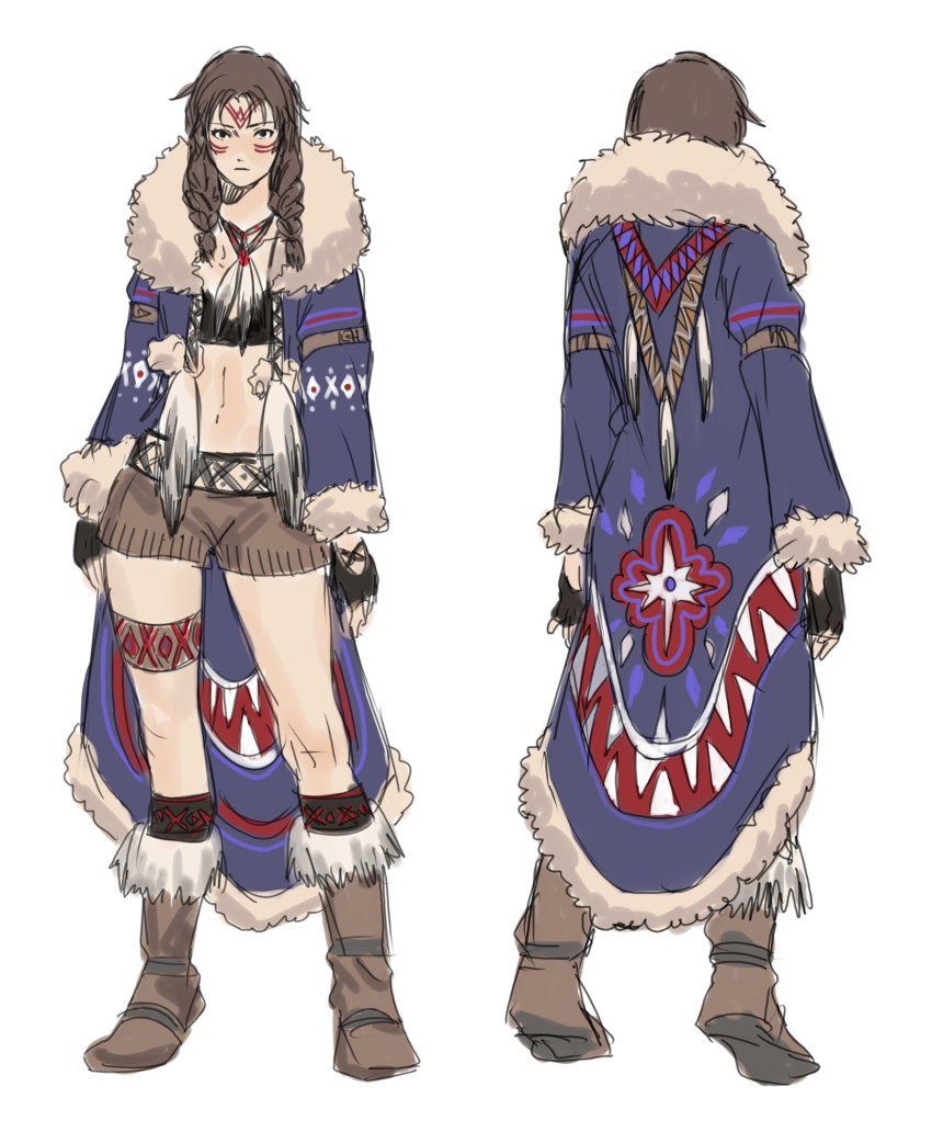 1girl, alternate_costume, boots, braid, brown_hair, brown_shorts, coat, commentary, concept_art, english_commentary, facepaint, facial_mark, facing_away, fingerless_gloves, forehead_mark, full_body, fur_coat, fur_collar, gloves, hair_over_shoulder, hanny_(uirusu_chan), highres, inuit, julia_chang, midriff, multiple_views, namco, navel, shorts, sketch, tekken, traditional_clothes, turnaround, twin_braids