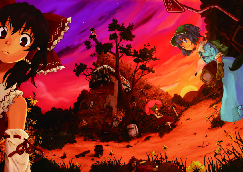 4girls, ascot, bare_shoulders, barrel, blonde_hair, bow, bus, detached_sleeves