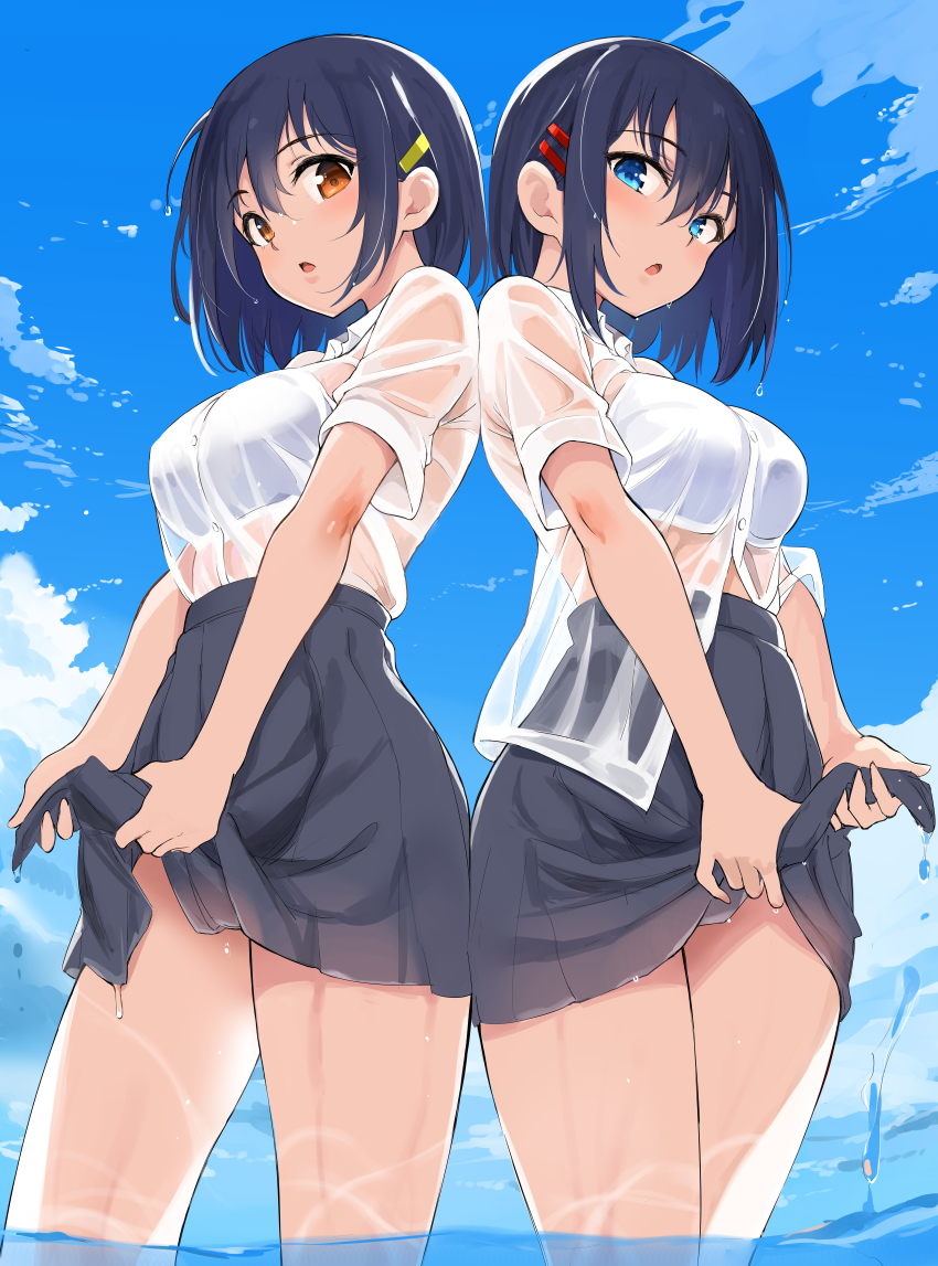 2girls, :o, absurdres, black_hair, black_skirt, blue_eyes, blue_sky, blush, bra, bra_visible_through_clothes, breasts, brown_eyes, collared_shirt, commentary_request, day, dress_shirt, from_below, hair_ornament, hairclip, high-waist_skirt, highres, hoshizuki_kaede, hoshizuki_suzu, huge_filesize, kaede_to_suzu, kyokucho, looking_at_viewer, looking_down, love_me, medium_breasts, miniskirt, multiple_girls, open_mouth, outdoors, see-through_clothes, shirt, short_hair, short_sleeves, siblings, sidelocks, sisters, skirt, sky, thighs, twins, underwear, wading, water, wet, wet_clothes, wet_shirt, white_bra, white_shirt, wringing_clothes, wringing_skirt