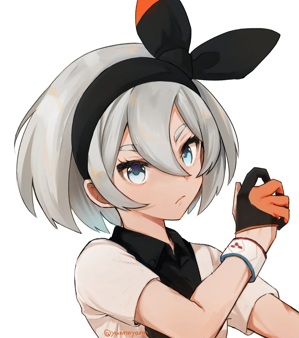 1girl, bea_(pokemon), black_hairband, blue_eyes, bow_hairband, closed_mouth, collared_shirt, commentary