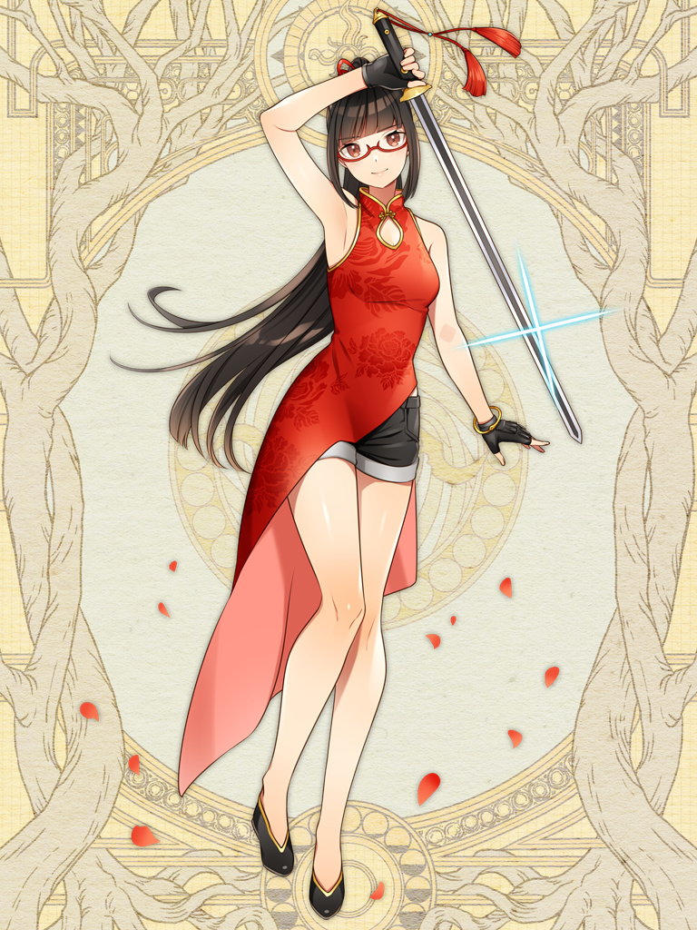 1girl, arm_up, black_gloves, black_hair, black_shorts, blunt_bangs, china_dress, chinese_clothes