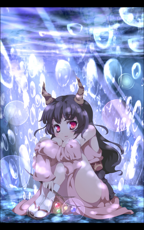 1girl, black_hair, female_focus, horns, hugging_own_legs, light_smile, naga_(staygarden), red_eyes, ryuujin_naga, sitting, solo, staygarden, tabi, uruu_gekka