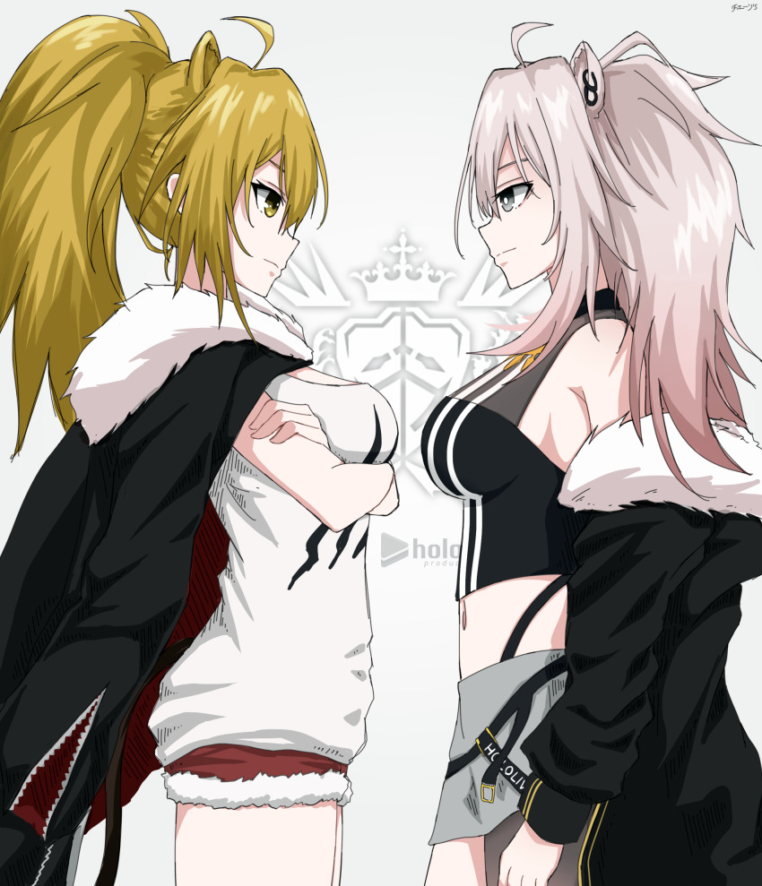 2girls, absurdres, ahoge, animal_ears, arknights, bare_shoulders, black_jacket, blonde_hair