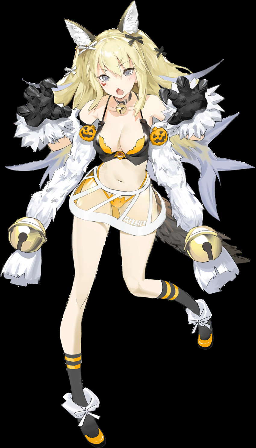 1girl, alternate_costume, animal_ear_fluff, animal_ears, animal_hands, artist_request, bell, black_socks, blonde_hair, blue_oath, blush, breasts, claw_pose, cleavage, collar, facial_mark, fang, fur_trim, gloves, hair_ribbon, halloween, halloween_costume, heart, highleg, highleg_panties, highres, jack-o'-lantern, kneehighs, long_hair, medium_breasts, neck_bell, official_art, open_mouth, orange_panties, panties, paw_gloves, ribbon, saratoga_(blue_oath), see-through_clothes, see-through_skirt, skin_fang, skirt, socks, solo, tail, transparent_background, underwear