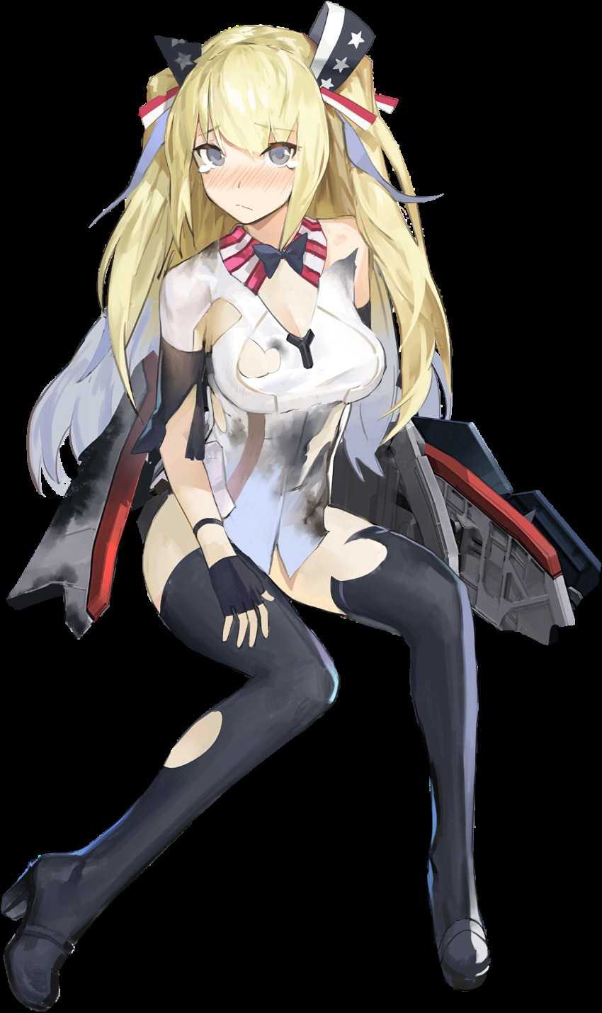 1girl, american_flag, american_flag_print, artist_request, black_bow, black_bowtie, black_gloves, black_thighhighs