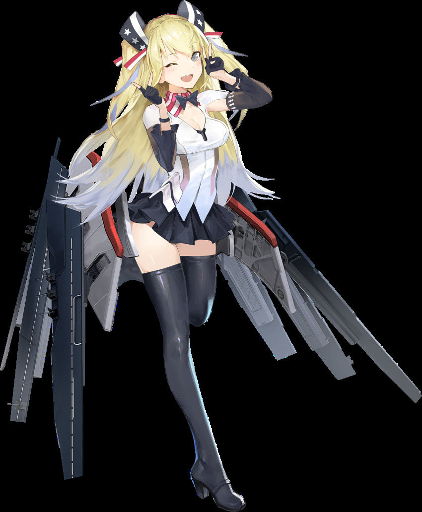 1girl, american_flag, american_flag_print, artist_request, black_bow, black_bowtie, black_gloves, black_skirt