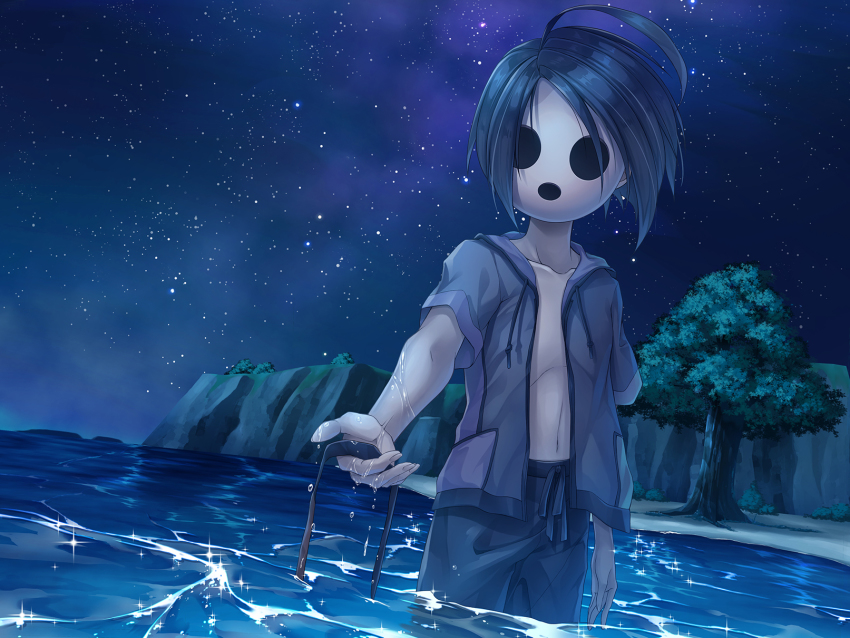 1boy, ahoge, allister_(pokemon), arm_at_side, black_hair, black_male_swimwear, black_swim_trunks, collarbone