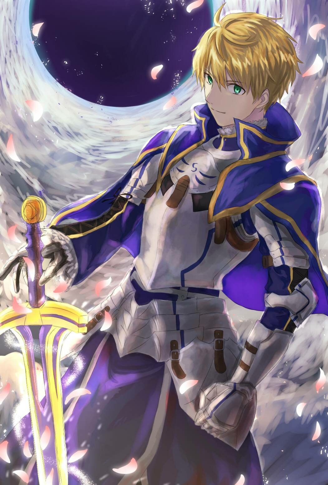 1boy, armor, armored_dress, arthur_pendragon_(fate), blonde_hair, blue_cape, blue_dress, breastplate