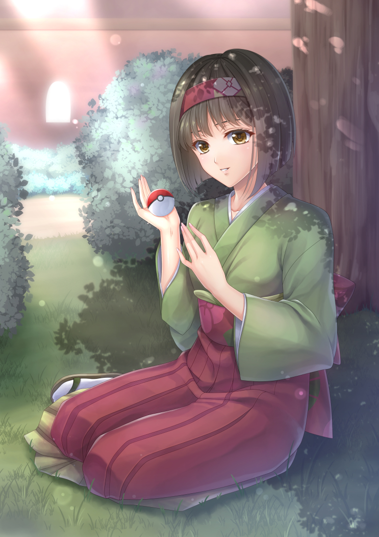 1girl, bush, commentary_request, erika_(pokemon), full_body, grass, gym_leader, hairband, holding, holding_poke_ball, japanese_clothes, light_beam, nintendo, poke_ball, poke_ball_(basic), pokemon, pokemon:_let's_go_pikachu!_and_let's_go_eevee!, sash, short_hair, sitting, smile, solo, tomosatooon, tree, wide_sleeves, yokozuwari