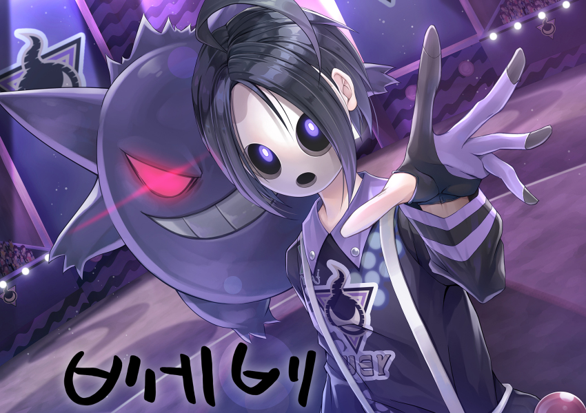 1boy, ahoge, allister_(pokemon), black_hair, collared_shirt, commentary_request, crowd, gen_1_pokemon