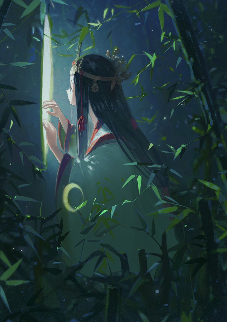 1girl, bamboo, black_hair, crescent, crown, curious, eyelashes, from_side, gem, green_kimono, green_theme, hole, japanese_clothes, kaguya_(onmyoji), kimono, light_particles, long_hair, long_sleeves, looking_away, low-tied_long_hair, nature, onmyoji, profile, sheya_tin, sidelocks, solo, straight_hair, tassel, very_long_hair