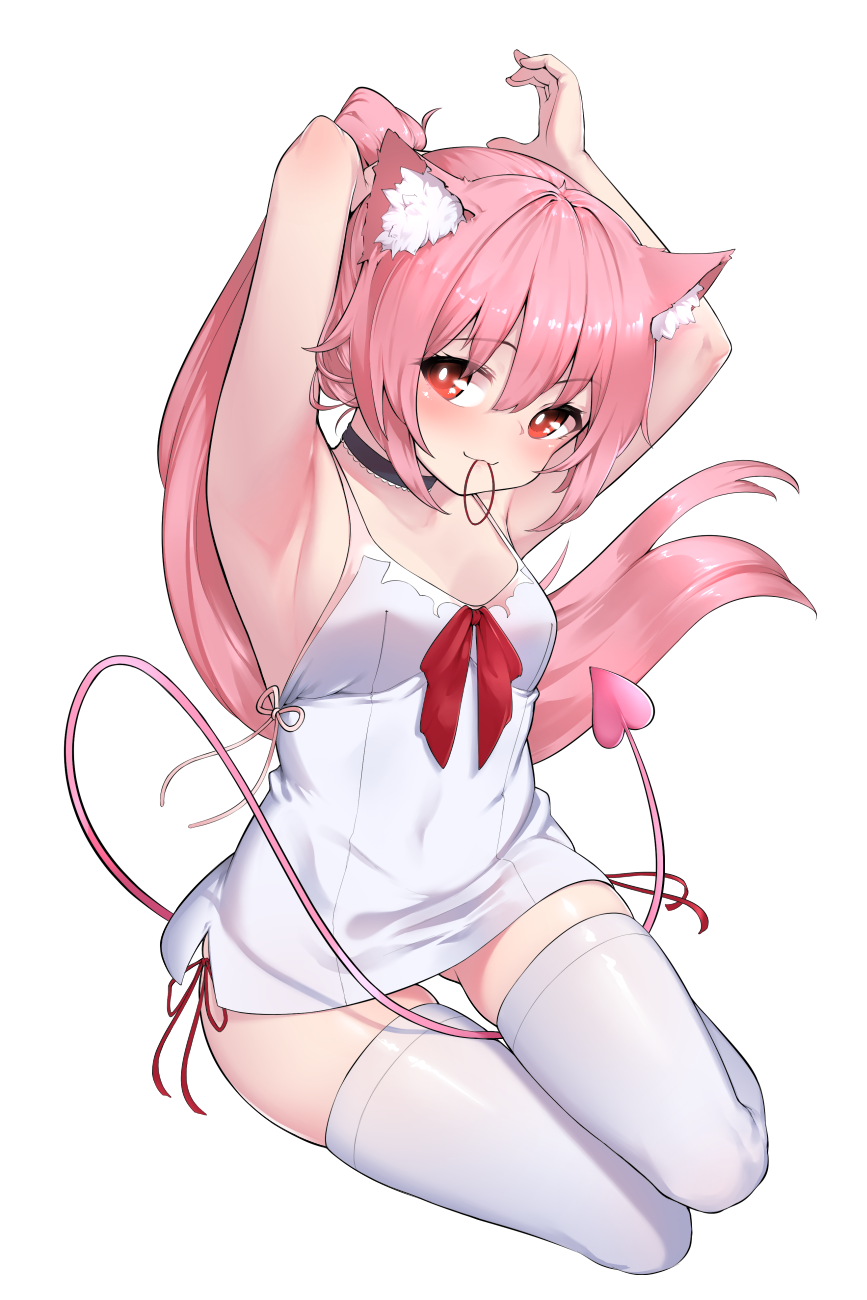 1girl, animal_ear_fluff, animal_ears, armpits, bare_shoulders, black_choker, breasts, cat_ears
