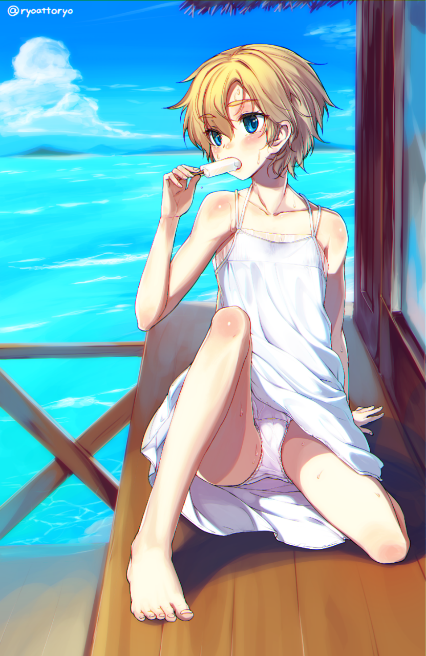 1girl, bare_shoulders, barefoot, blonde_hair, blue_eyes, blush, cameltoe, day, dress, feet, female_focus, food, highres, hot, iris_(ryou@ryou), ocean, original, outdoors, panties, popsicle, ryou@ryou, short_hair, sitting, solo, sweat, toes, twitter_username, underwear, upskirt, water, white_dress, white_panties