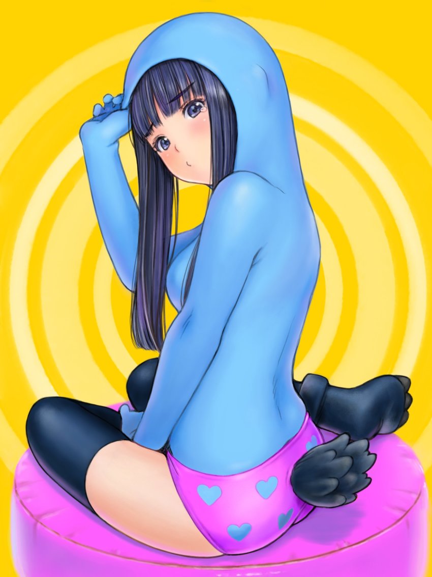 1girl, black_thighhighs, blunt_bangs, breasts, commentary_request, fall_guys, gems_company, hase_mikoto, highres, hood, hood_up, looking_at_viewer, medium_breasts, panties, pink_eyes, pink_panties, solo, tearing_up, thighhighs, underwear, virtual_youtuber, yug_(ekaki)