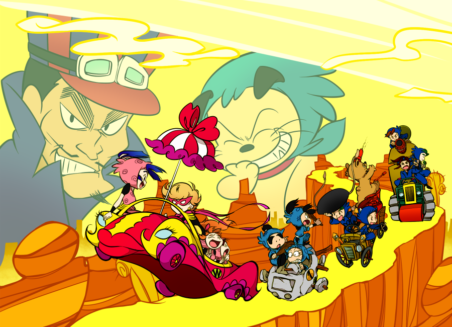 :p, age_difference, animification, bad_id, black_hair, blonde_hair, blue_hair, bow