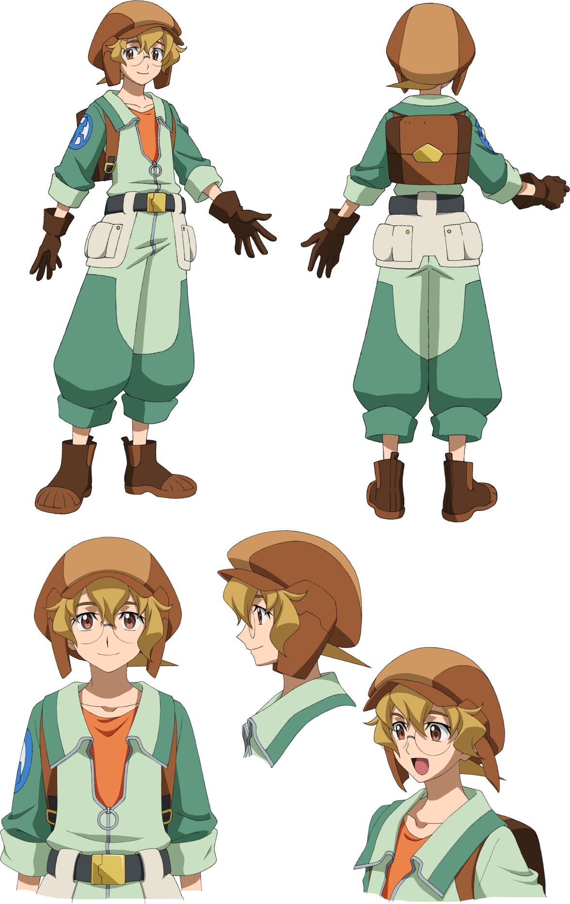 1boy, brown_gloves, reference_sheet, glasses, gloves, gundam, gundam_build_divers, gundam_build_divers_re:rise