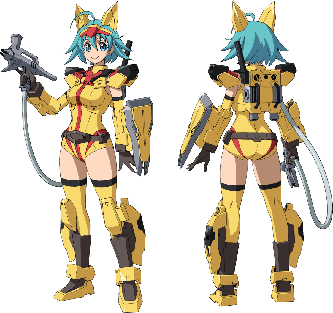 1girl, airbrush, blue_hair, reference_sheet, gundam, gundam_build_divers, gundam_build_divers_re:rise, holding