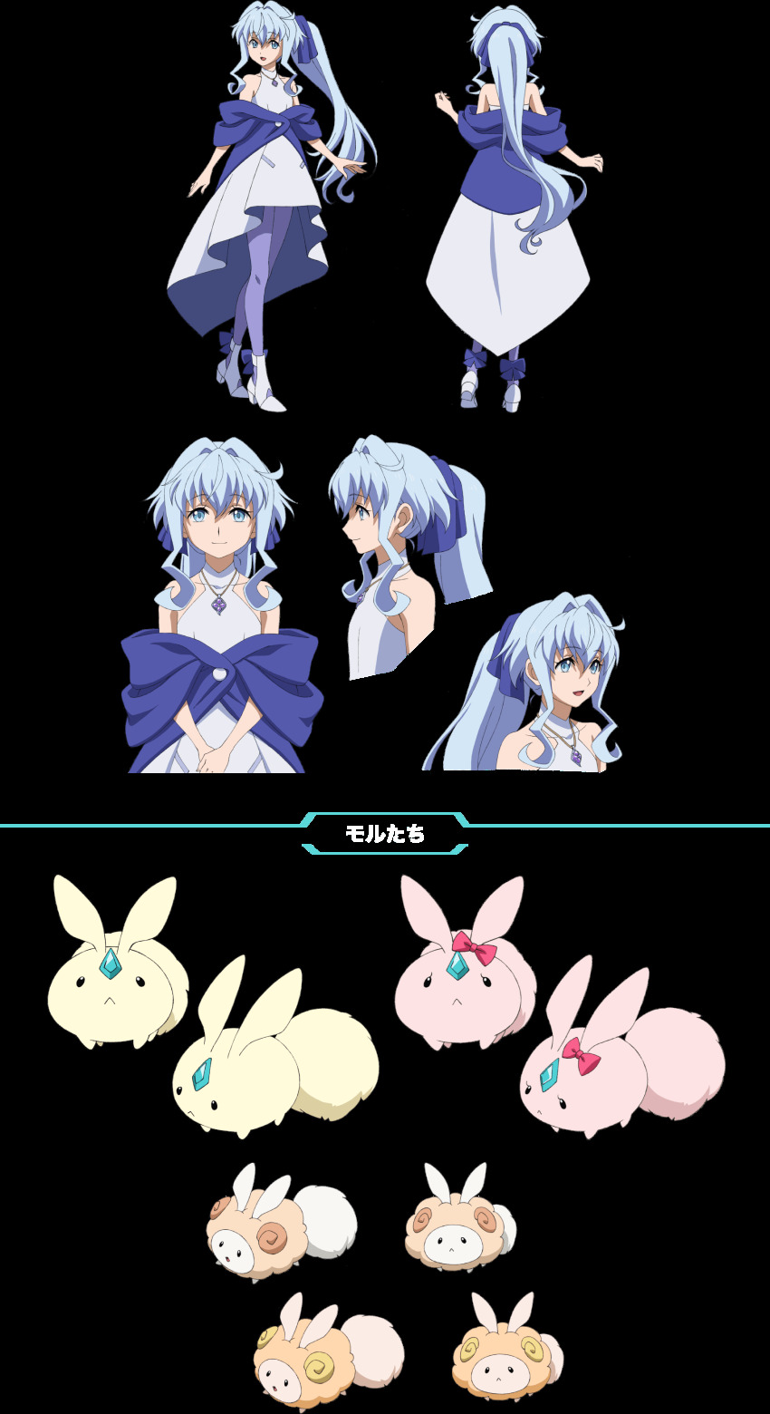 1girl, absurdres, black_eyes, blue_eyes, blue_hair, reference_sheet, creature, dress