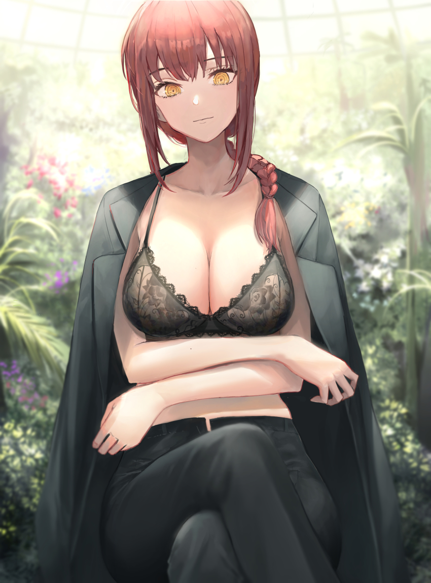 1girl, absurdres, black_bra, black_coat, black_pants, blurry, blurry_background, bra, braid, braided_ponytail, breast_hold, breasts, brown_hair, chainsaw_man, closed_mouth, coat, crossed_legs, eyelashes, greenhouse, highres, jacket, jacket_on_shoulders, lace, lace_bra, large_breasts, long_hair, long_sleeves, looking_at_viewer, makima_(chainsaw_man), no_shirt, pants, pigone, plant, red_hair, ringed_eyes, sitting, smile, solo, underwear, yellow_eyes