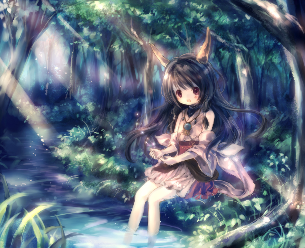 bad_id, bad_pixiv_id, brown_hair, forest, horns, light_rays, long_hair, naga_(staygarden)